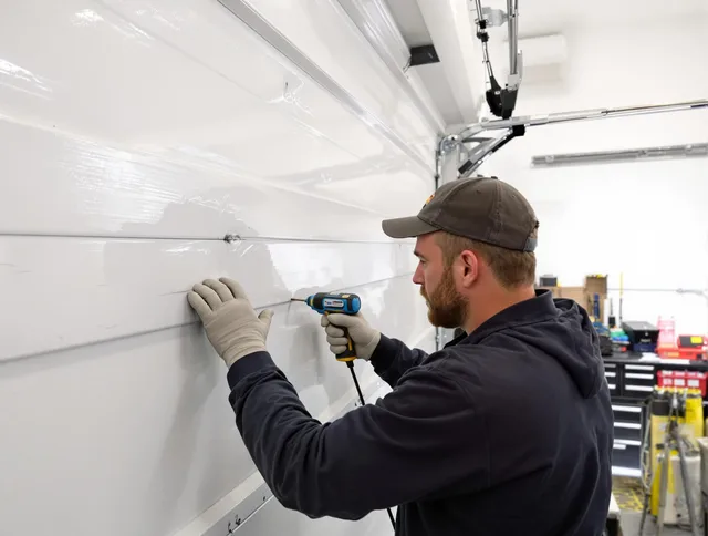 Brooklyn Garage Door Repair technician demonstrating precision dent removal techniques on a Brooklyn garage door