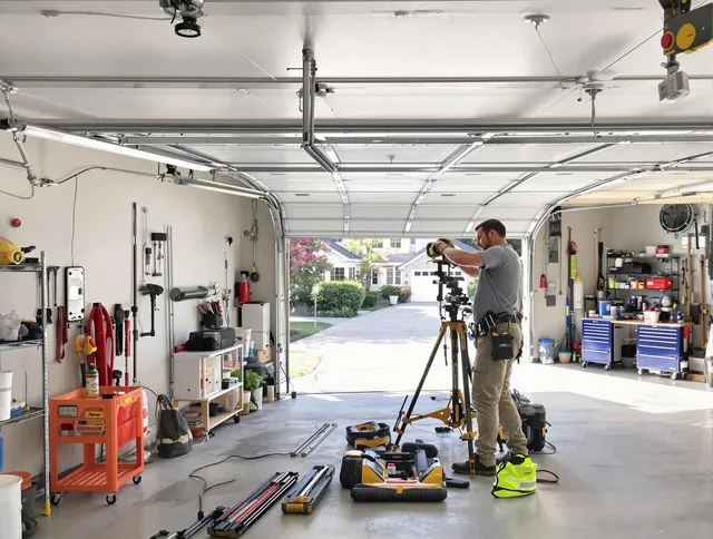 Brooklyn Garage Door Repair specialist performing laser-guided track alignment in Brooklyn